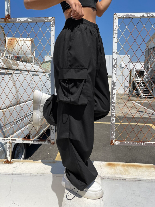 Coolane Black Flap Pocket Side Drawstring Waist Parachute Cargo Pants