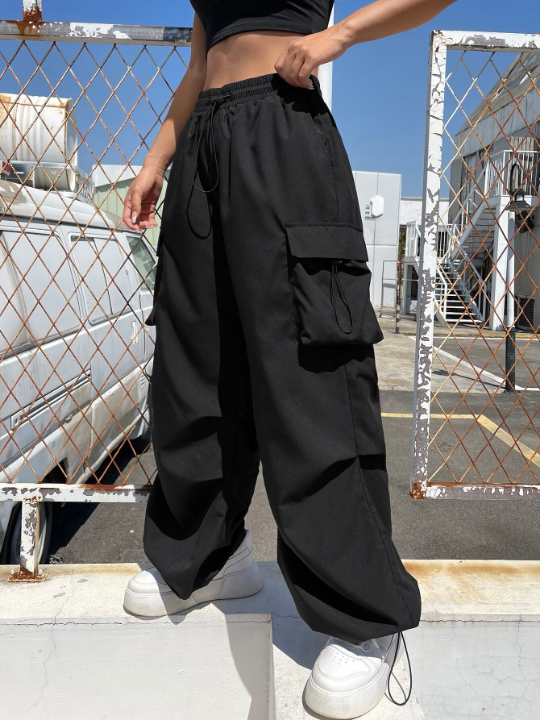 Coolane Black Flap Pocket Side Drawstring Waist Parachute Cargo Pants