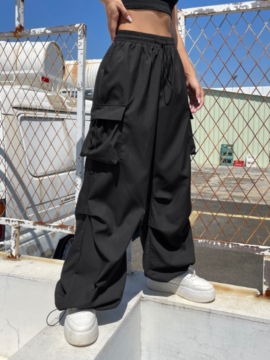 Coolane Black Flap Pocket Side Drawstring Waist Parachute Cargo Pants