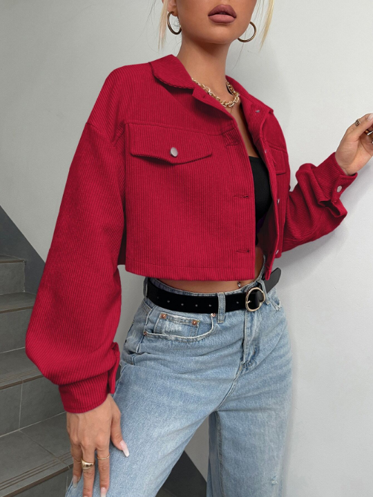 EZwear Drop Shoulder Flap Detail Crop Corduroy Jacket