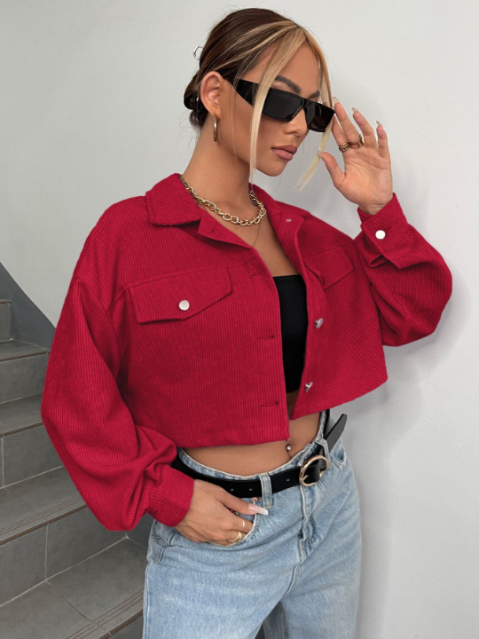 EZwear Drop Shoulder Flap Detail Crop Corduroy Jacket