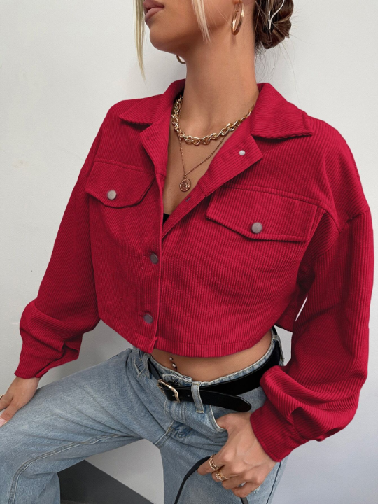 EZwear Drop Shoulder Flap Detail Crop Corduroy Jacket