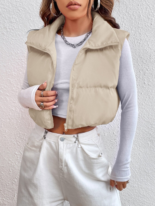 EZwear Zipper Front Vest Puffer Khaki Coat