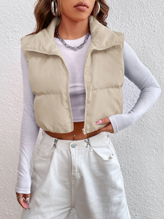 EZwear Zipper Front Vest Puffer Khaki Coat