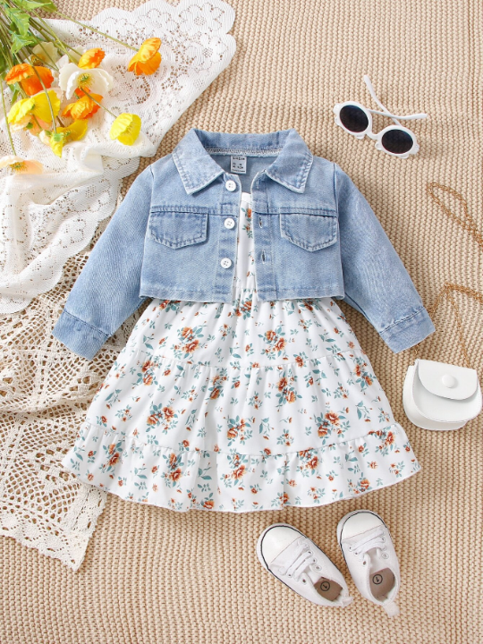 Baby Flap Pocket Denim Jacket & Floral Print Ruffle Hem Cami Dress