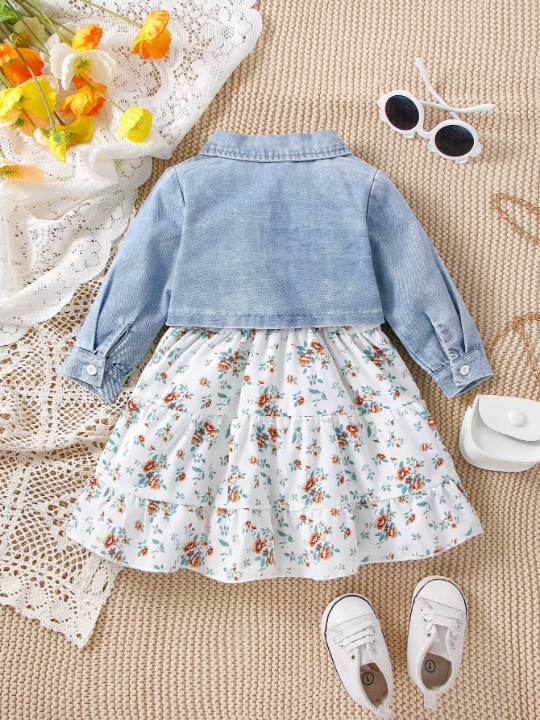 Baby Flap Pocket Denim Jacket & Floral Print Ruffle Hem Cami Dress