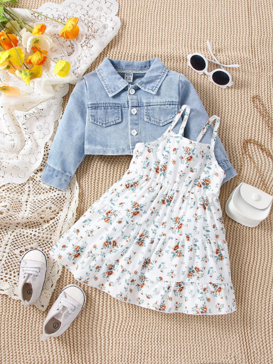 Baby Flap Pocket Denim Jacket & Floral Print Ruffle Hem Cami Dress