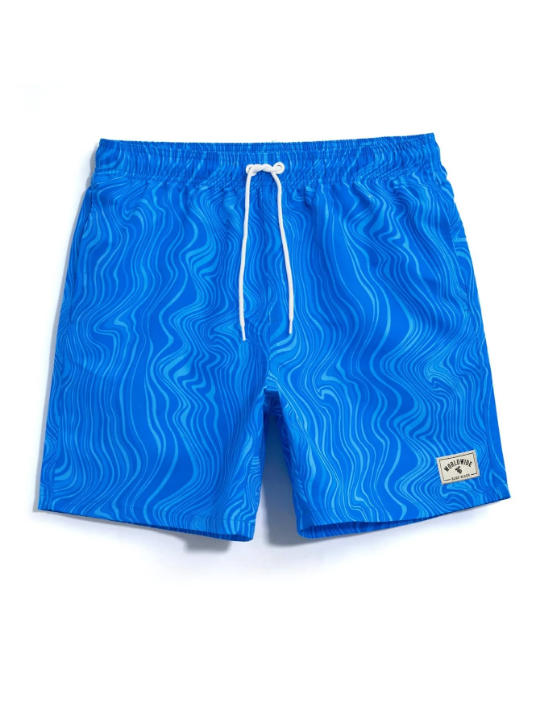 Manfinity Swimmode Men Wave Striped Patched Detail Drawstring Waist Swim Trunks