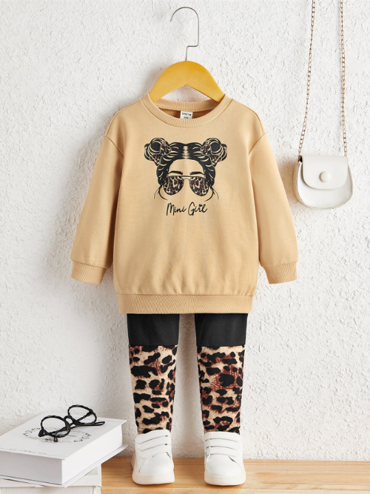 Baby Girl Letter And Figure Graphic Pullover & Leopard Leggings