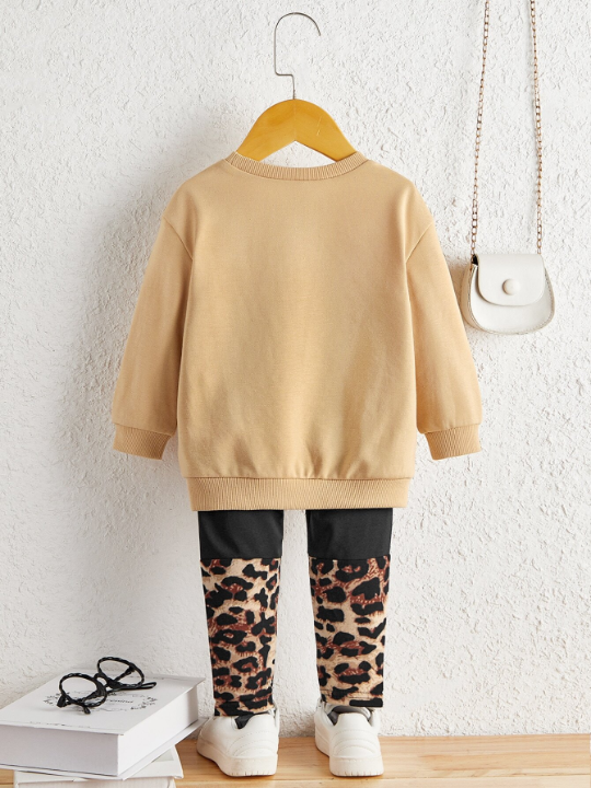 Baby Girl Letter And Figure Graphic Pullover & Leopard Leggings