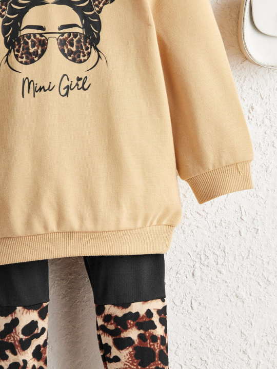 Baby Girl Letter And Figure Graphic Pullover & Leopard Leggings