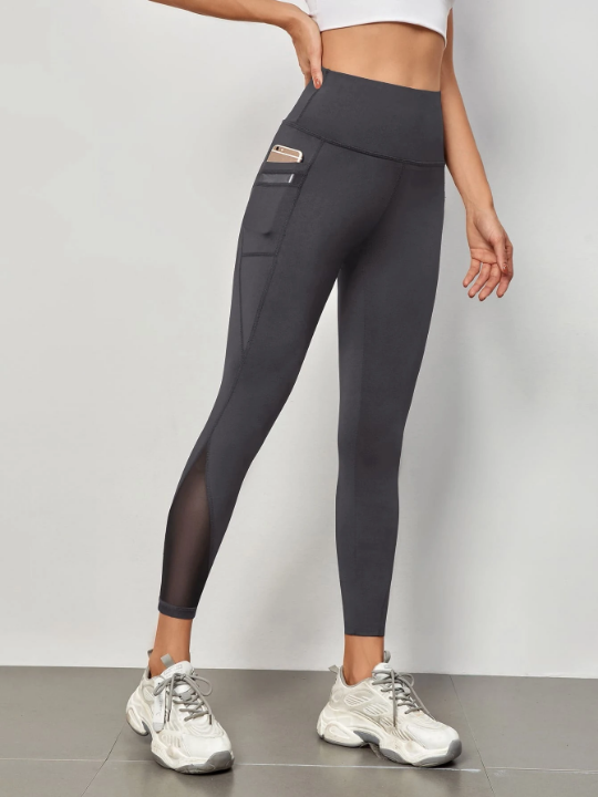 Yoga Futuristic Absorbs Sweat Contrast Mesh Sports Leggings With Phone Pocket