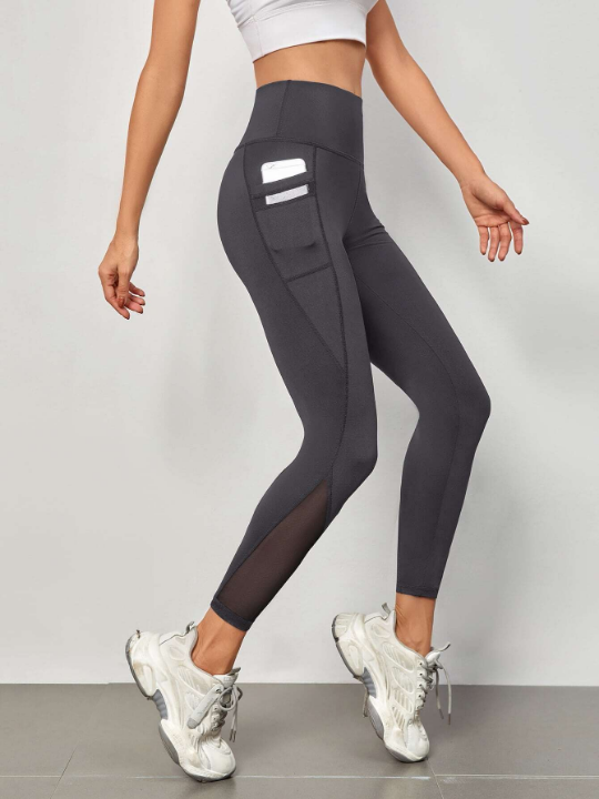 Yoga Futuristic Absorbs Sweat Contrast Mesh Sports Leggings With Phone Pocket