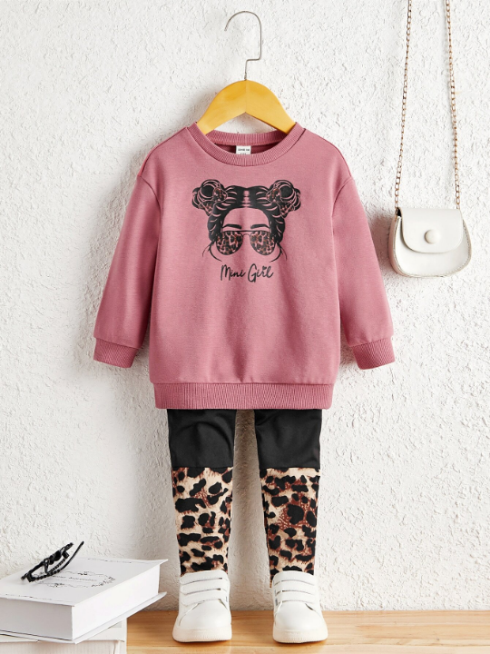 Baby Girl Letter And Figure Graphic Pullover & Leopard Leggings