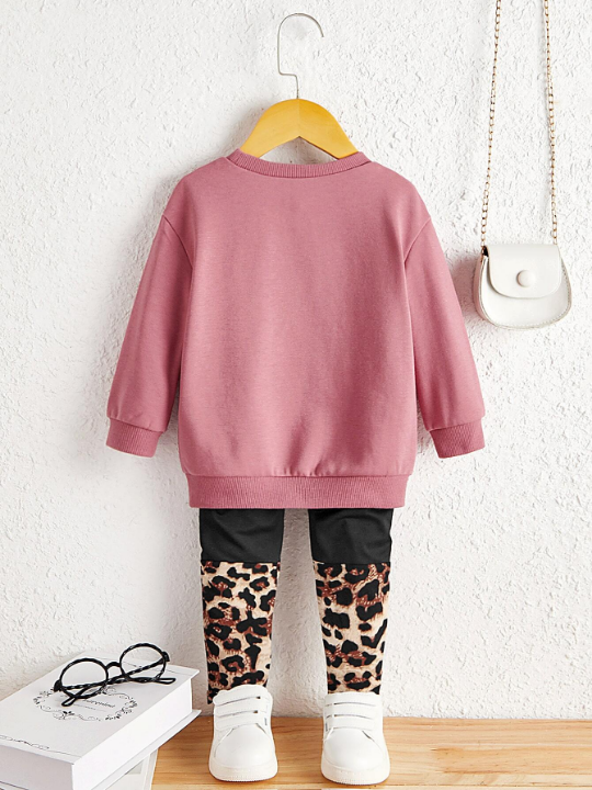 Baby Girl Letter And Figure Graphic Pullover & Leopard Leggings