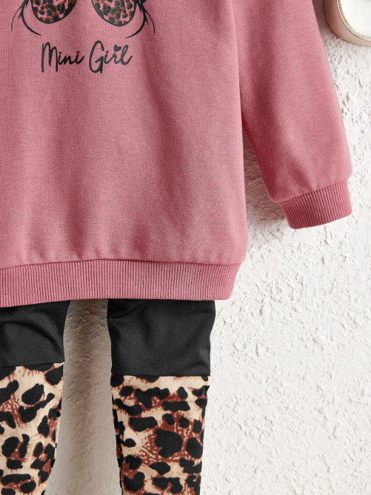 Baby Girl Letter And Figure Graphic Pullover & Leopard Leggings