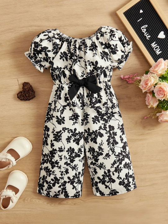 Baby Girl Floral Print Puff Sleeve Bow Front Jumpsuit