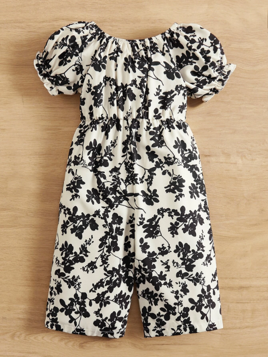 Baby Girl Floral Print Puff Sleeve Bow Front Jumpsuit