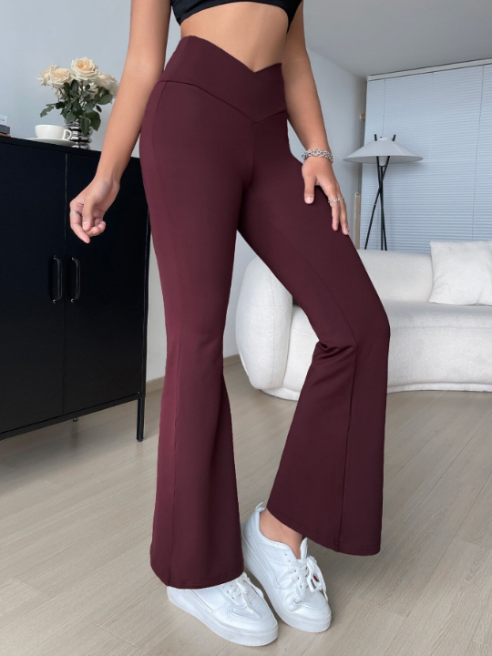 EZwear Overlap Waist Flare Leg Pants