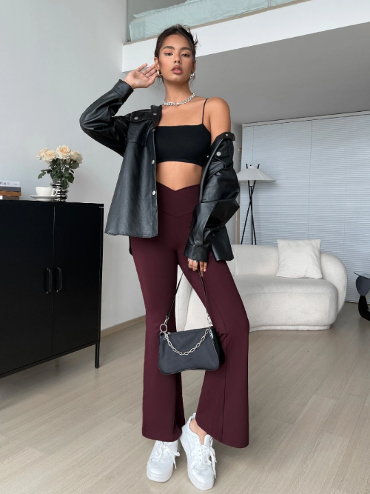 EZwear Overlap Waist Flare Leg Pants