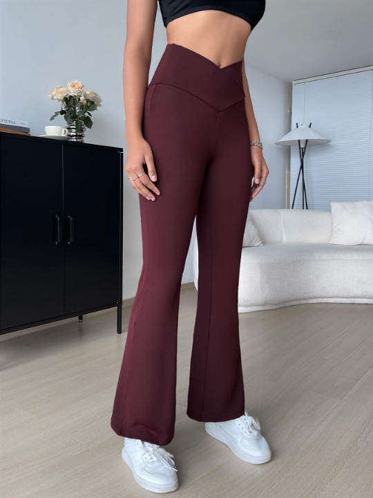 EZwear Overlap Waist Flare Leg Pants