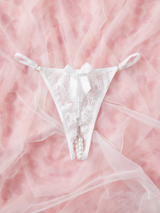 Lace Pearl Detail Bow Front Crotchless Thong