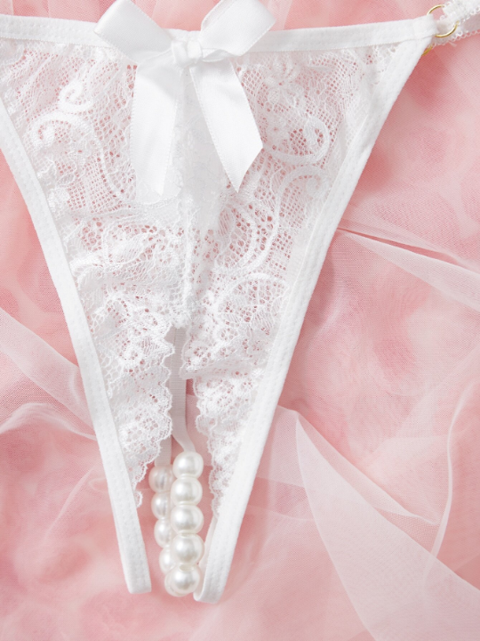 Lace Pearl Detail Bow Front Crotchless Thong