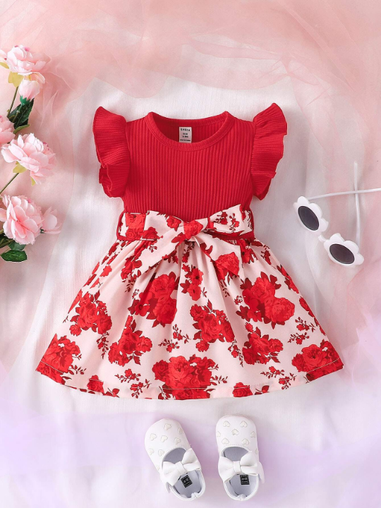 Baby Girl Floral Print Ruffle Trim Dress