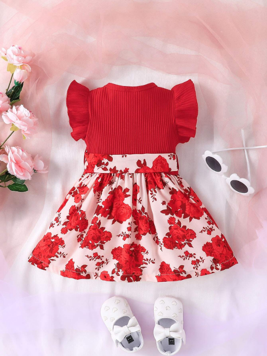 Baby Girl Floral Print Ruffle Trim Dress