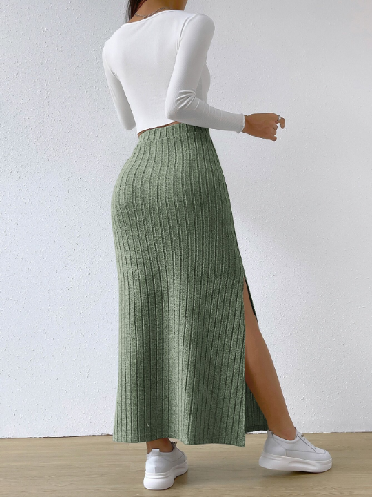 EZwear Women's Spring Fashionable Green Side Slit Thigh Ribbed Knit Bodycon High Waisted Casual Long Skirts