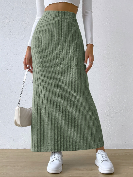 EZwear Women's Spring Fashionable Green Side Slit Thigh Ribbed Knit Bodycon High Waisted Casual Long Skirts