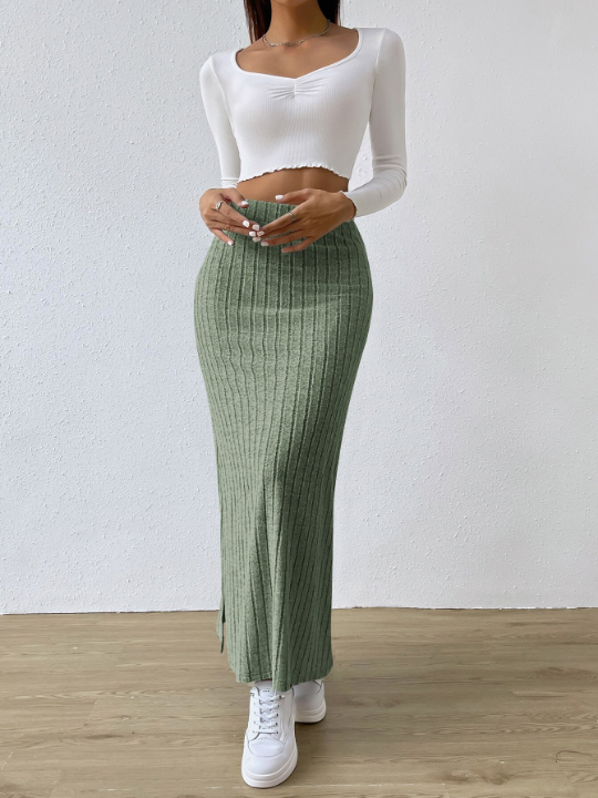 EZwear Women's Spring Fashionable Green Side Slit Thigh Ribbed Knit Bodycon High Waisted Casual Long Skirts