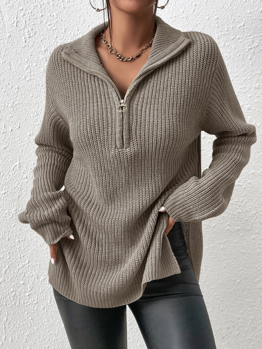 Frenchy Half Zip Ribbed Knit Drop Shoulder Split Hem Grain Sweater