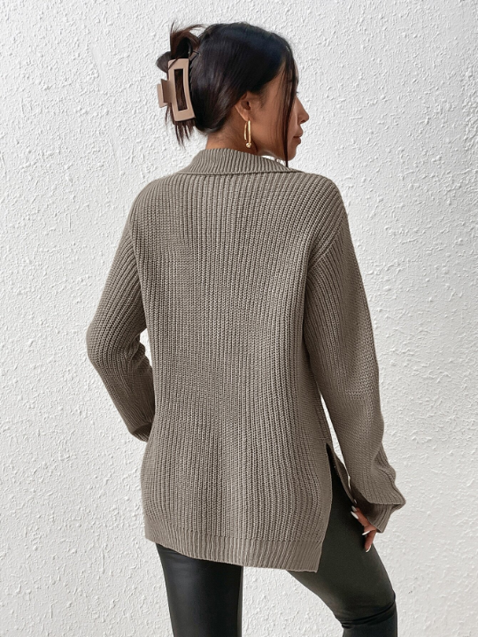 Frenchy Half Zip Ribbed Knit Drop Shoulder Split Hem Grain Sweater