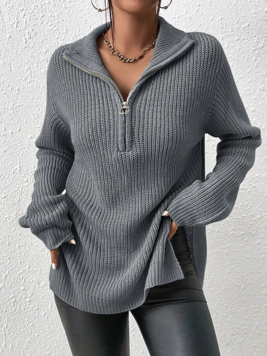 Frenchy Half Zip Ribbed Knit Drop Shoulder Split Hem Sweater