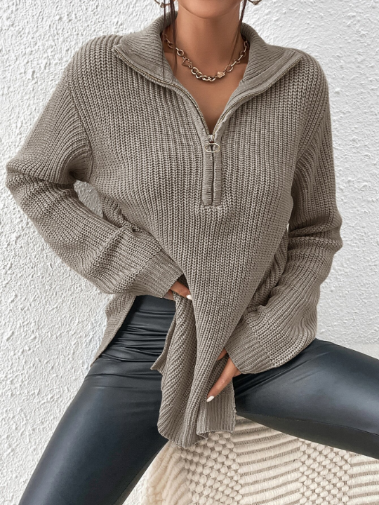 Frenchy Half Zip Ribbed Knit Drop Shoulder Split Hem Grain Sweater