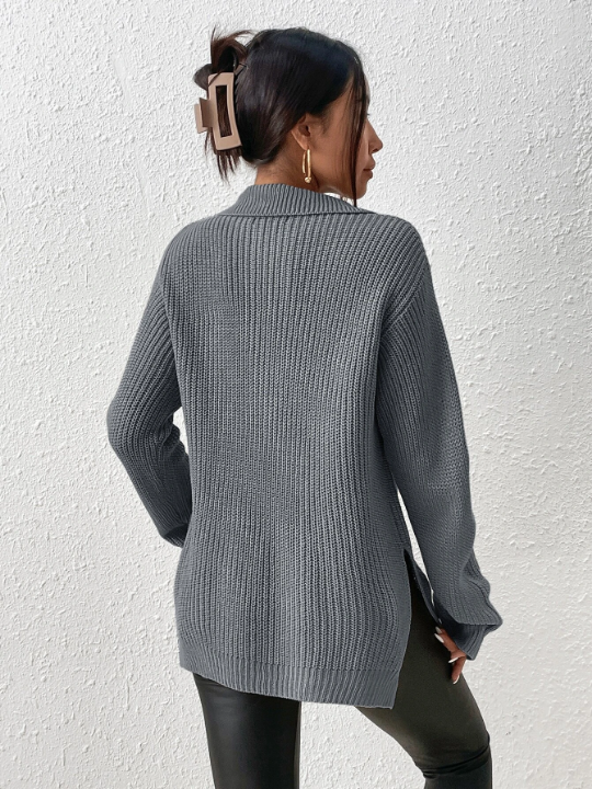 Frenchy Half Zip Ribbed Knit Drop Shoulder Split Hem Sweater