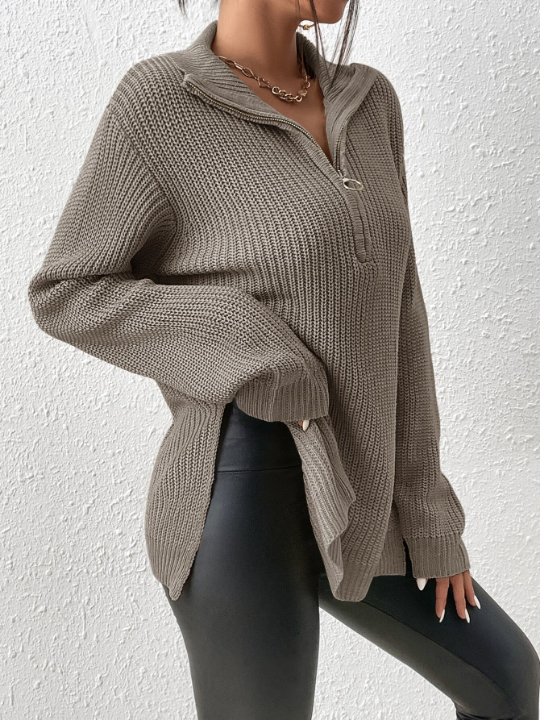 Frenchy Half Zip Ribbed Knit Drop Shoulder Split Hem Grain Sweater