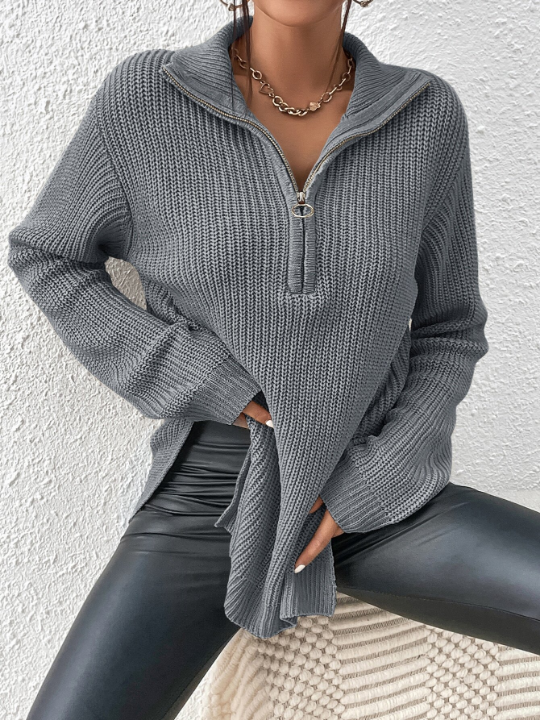 Frenchy Half Zip Ribbed Knit Drop Shoulder Split Hem Sweater