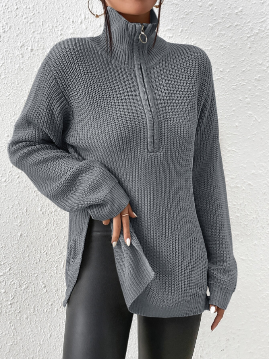 Frenchy Half Zip Ribbed Knit Drop Shoulder Split Hem Sweater