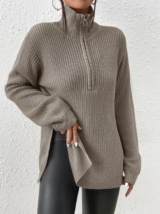 Frenchy Half Zip Ribbed Knit Drop Shoulder Split Hem Grain Sweater