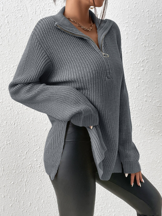 Frenchy Half Zip Ribbed Knit Drop Shoulder Split Hem Sweater