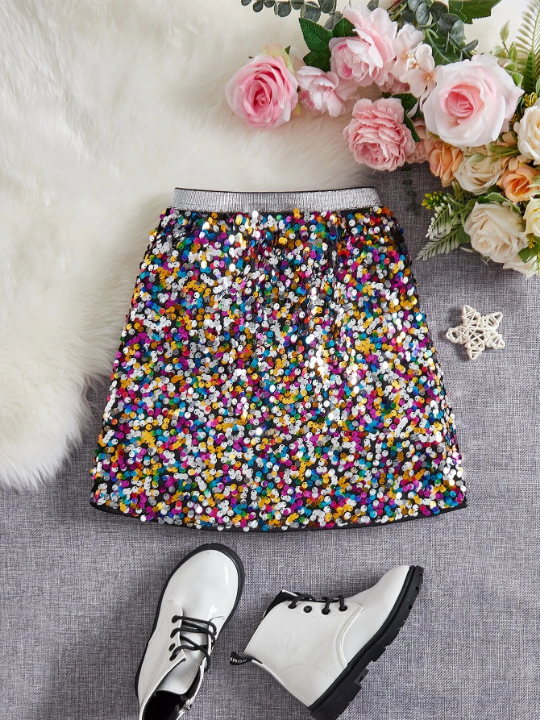 Tween Girl Elegant Sparkly Colorblock Skirt , Perfect For Performances, Weddings, Parties And Birthdays