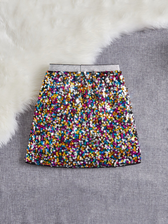 Tween Girl Elegant Sparkly Colorblock Skirt , Perfect For Performances, Weddings, Parties And Birthdays