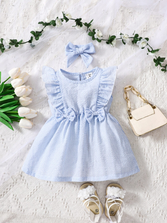 Baby Girl Striped Ruffle Trim Bow Front Dress With Headband