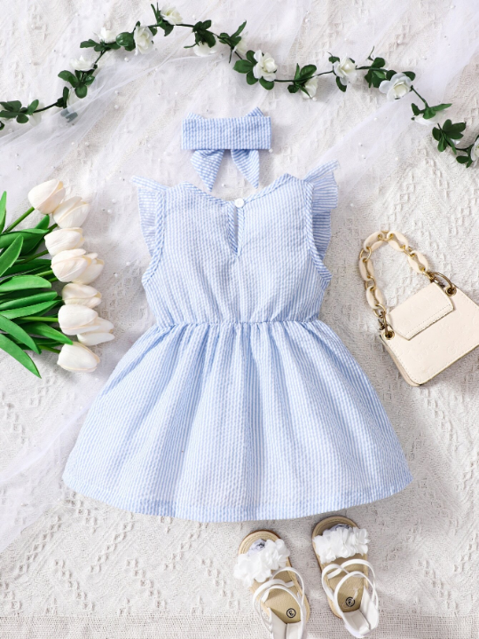 Baby Girl Striped Ruffle Trim Bow Front Dress With Headband