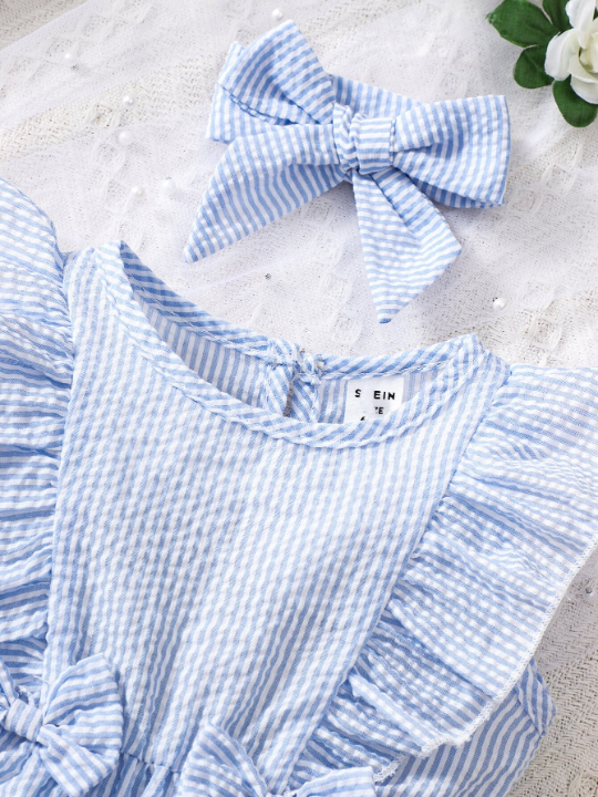 Baby Girl Striped Ruffle Trim Bow Front Dress With Headband