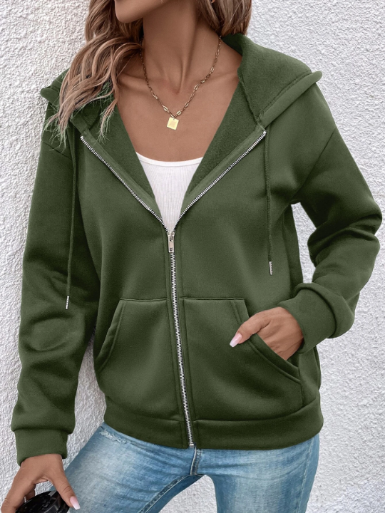 LUNE Solid Zip Up Drawstring Hooded Jacket