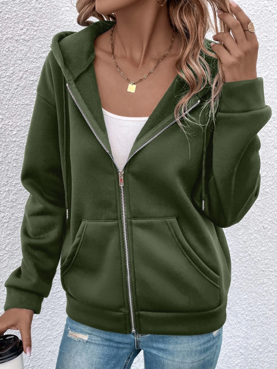 LUNE Solid Zip Up Drawstring Hooded Jacket