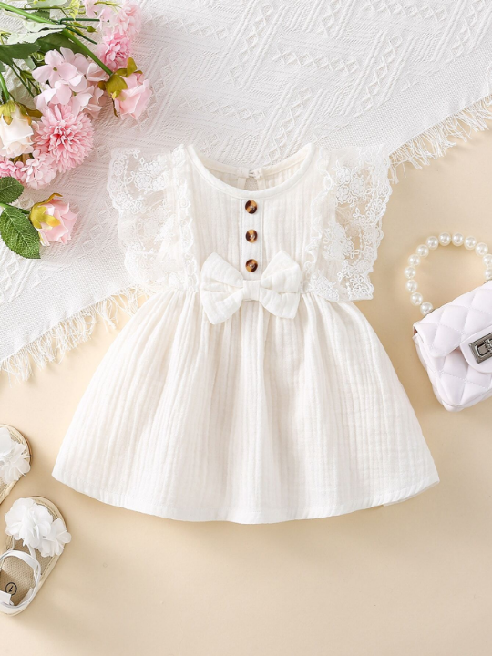 Baby Girl Contrast Lace Bow Front Ruffle Trim Button Detail Dress